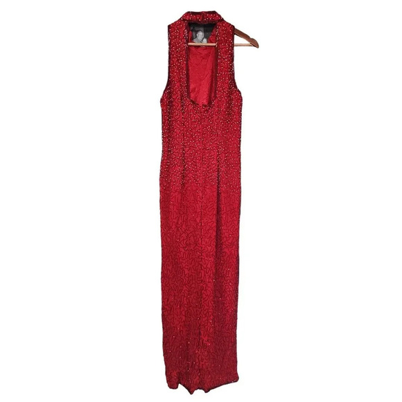Papell Boutique Beaded Silk Maxi Evening Dress Red Size 14 - Picture 3 of 6